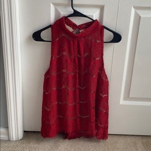 Red lace halter dress top with tan lining.